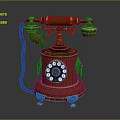 Vintage Red Rotary Dial Telephone With Metal Decorations And Retro Design Cord